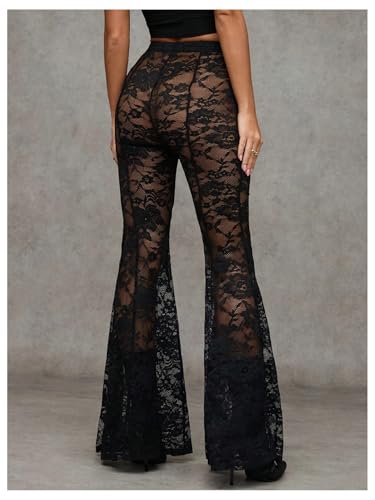 Verdusa Women's Sheer Lace High Waist Flared Leg Pants Bell Bottom Lightweight Summer Outfit2