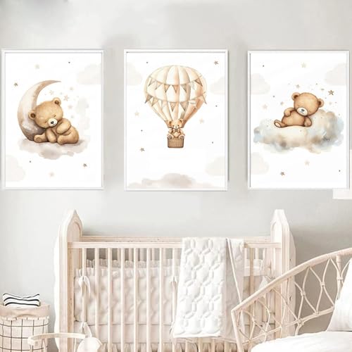 BeiYiHo 3 Affiche Chambre Bébé Beige Tableau Chambre Bebe Ours Ballon Nuage 30x40 Deco Ourson Chambre Bebe Poster Chambre Enfant Garcon Cadeau SANS CADRE...