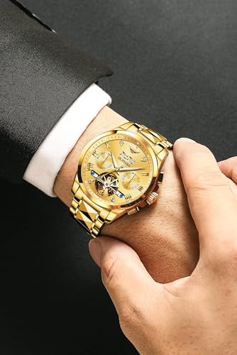 Image of OLEVS Self Winding Watches for Men Automatic Mechanical Skeleton Luxury Dress Waterproof Moon Phase Tourbillon Chronograph Stainless Steel Luminous Wristwatch