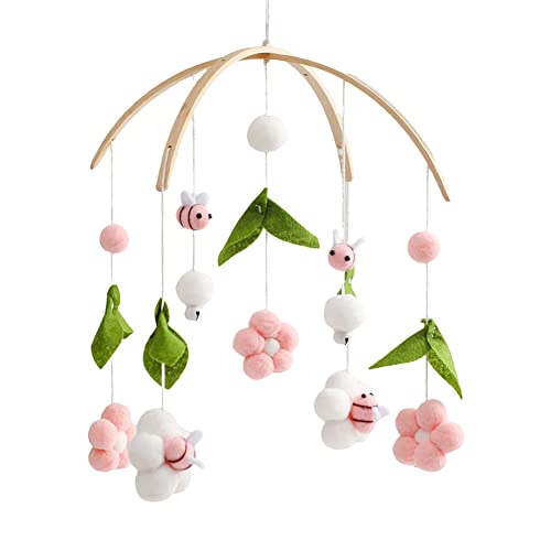 Image of Baby Crib Mobile Wooden Wind Chime Bed Bell, Nursery Mobile Crib Rattle Bedroom Ceiling Wind Chime Hanging Bees Plush Flower Wooden Rotating Toy Newborn Bed Decor (Pink)
