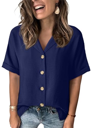 Dokotoo Women's Dressy Casual V Neck Short Sleeve Button Down Shirts Relaxed Work Business Loose Blouses Tops