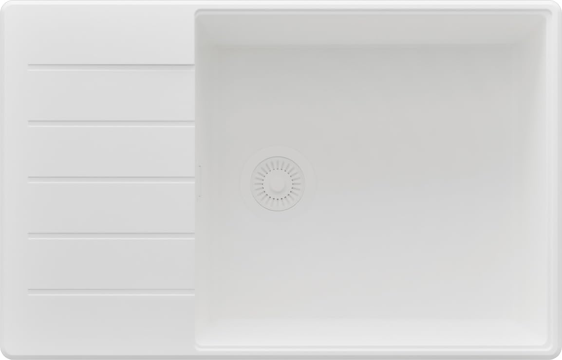 PRIMAGRAN Lavello da Cucina Tutto Bianco 78x50cm, Lavandino in Granito a 1 vasca + Sifone Classico, Lavabo da Cucina Incasso al Mobile 60cm - Copenhagen Top S572
