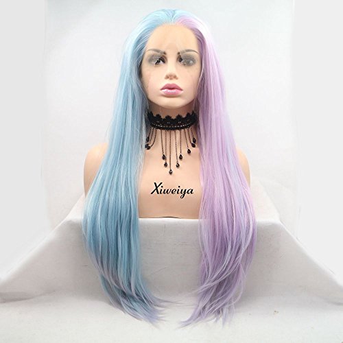 Xiweiya Straight Mermaid Piano Color Purple Pink To Blue 2 Tone Synthetic Lace Frontal Wig Half Blue Half Pink Purple Add Hand Crochet Lace Wig for Women Drag Queen Halloween Cosplay