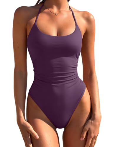 Image of LASLULU Womens One Piece Swimsuits Halter Bathing Suit | Ruched Tummy Control,Cute and Sexy Swimwear,High Cut Cheeky Backless Full Coverage,Swim Suits for Women 2026