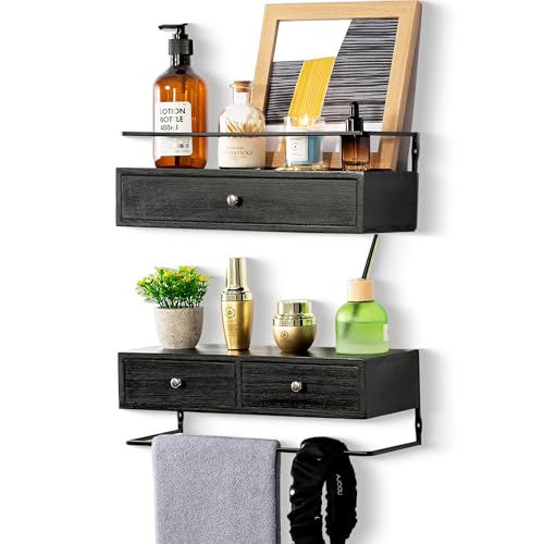 dreampossible Floating Shelves for Wall Storage, Wall Mounted Bathroom Shelf with Drawers Set of 2, Rustic Wood Wall Shelves for Bedroom, Living Room, Kitchen, Home Decor, Plants, Books (Black)