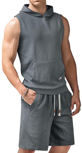 Derminpro Men's 2 Piece Outfits Summer Hooded Sleeveless Vest and Drawstring Casual Track Shorts Set Grey Large