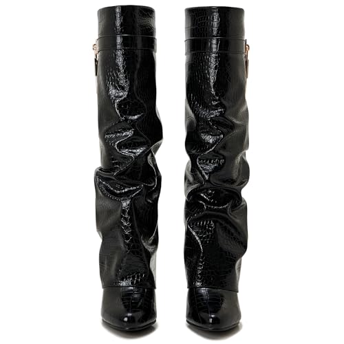 Image of Fold Over Boots for Women Pointy Pull-on Wedge Heel Knee Shark Boot With Side Zipper Padlock Design