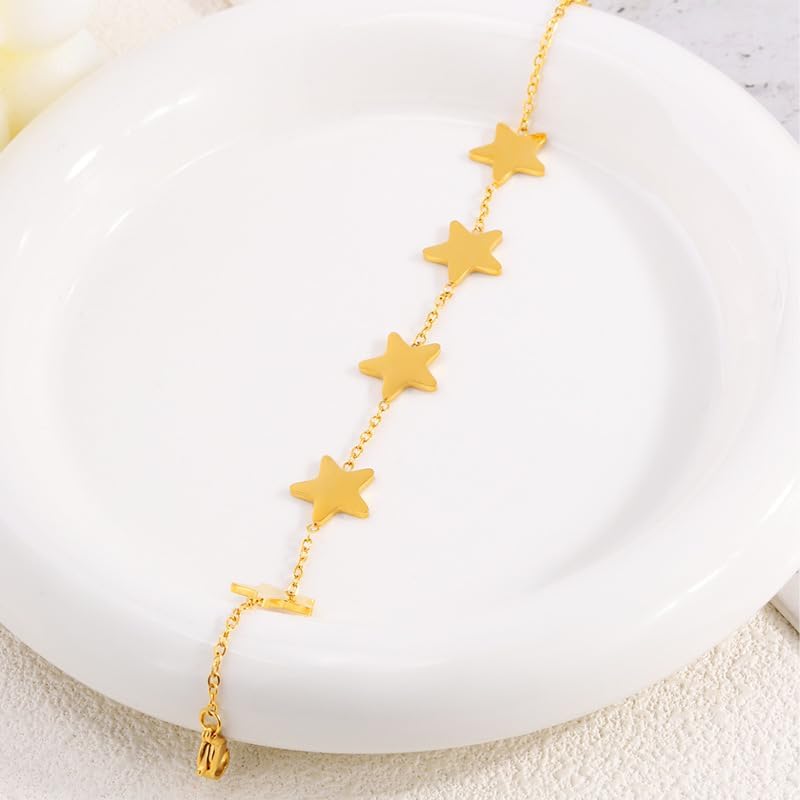 Dainty Stars Charm Bracelet for Women Simple Stackable Stainless Steel 18k Gold Plated Adjustable Link Chain Bangle Trendy Y2k Aesthetic Pentagram Birthday Gift Jewelry for Mom Wife Daughter - Image 5
