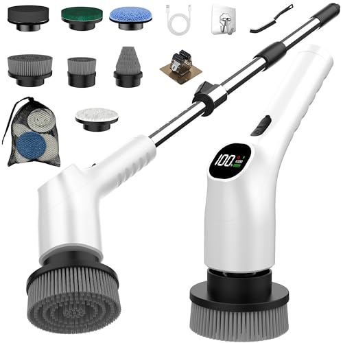 Image of Electric Spin Scrubber, Shower Scrubber with Long Handle Adjustable LCD Display, 2 Speed Shower Cleaner, 7 Replaceable Brush Heads Bathroom Cleaning Brush, Bath Tub Power Scrubbers White G3