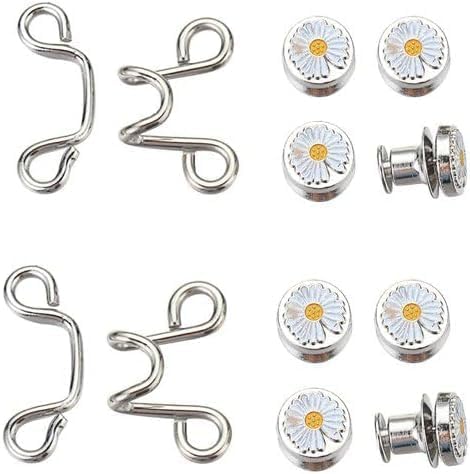 White Daisy Pant Waist Tightener, Adjustable Waist Buckle Set, Extra Button for Jeans to Make Tighter, Button Adjuster for Pants, Jeans, Skirts, Sleeves Fasteners (4)