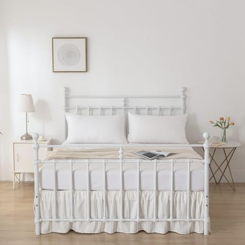Bed Skirt King Size, Ruffled Bed Skirt with Split Corners 14 Inch Drop with Platform, Tufted Boho King Size Bed Skirting, Striped, Ivory, 14" King