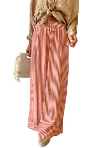 Image of Acelitt Women Casual Drawstring Elastic Waist Striped Wide Leg Pants with Pockets, S-XXL