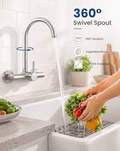 Image of Wall Mount Kitchen Faucet, 8 Inch Center, Brushed Nickel, Lead-Free | Single Handle, 360 Swivel, NSF /ANSI /CAN 372 Lead-free, CEC /DOE 1.8 GPM, 2-hole, Spot-resistant, DIY friendly, No Deck Mess