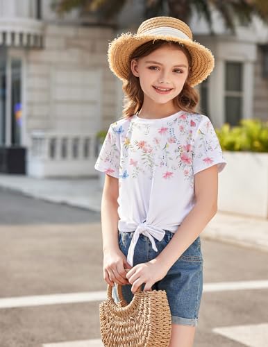 Image of Arshiner Girls Short Sleeve Shirts Tie Knot Front Tops T Shirts for Kids Crewneck Cute Casual Tie Dye Tee Blouse