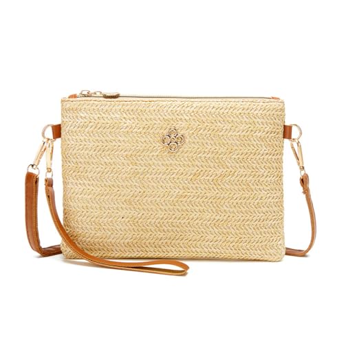 Bolsa feminina de palha boho verão praia bolsa de palha com zíper carteiras para mulheres bolsa transversal com alça removível, Marrom