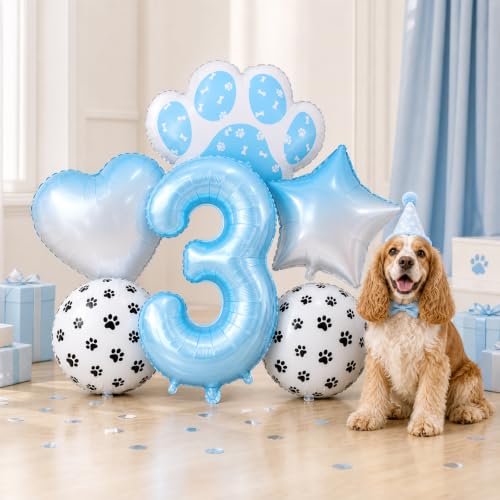 Image of Dog and Cat 3rd Birthday Paw Print Foil Mylar Balloons Pet Decorations Set | 40IN Blue Number 3 Helium balloons Heart Star Round Paw Balloon for Pet Theme or Children 3rd Birthday Party Supplies 6PCS