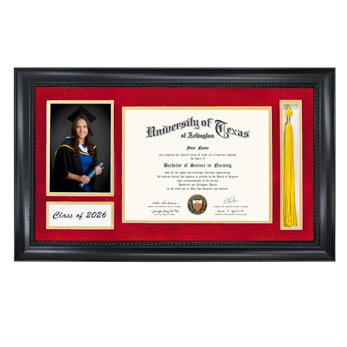 GMFrames Class of 2026 Diploma Frame with Tassel Holder for 8.5x11 Certificate & 5x7 Photo,Solid Wood & Tempered Glass, Red over Gold Mat, Black Finish