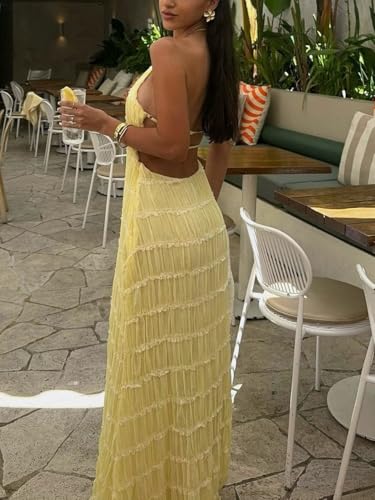 Image of Women Summer Halter Neck Maxi Dress Flowy Ruffle Tiered Sleeveless Sundress Boho Backless Spaghetti Strap Long Dress