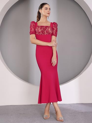 Image of Miss Chase Womens Bodycon Square Puff Sleeve Solid Lace Overlaid Ankle Length Dress