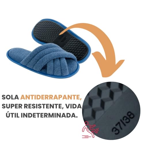 Pantufa Feminina e Masculina Cabedal em X Sola Antiderrapante e Toque Macio (39/40, Azul)