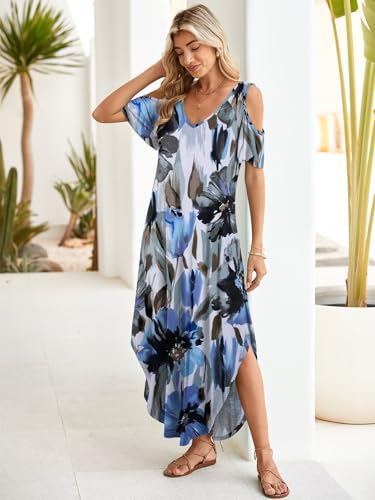 Image of BELAROI Womens Cold Shoulder Maxi Dress Plus Size V Neck Summer Sundresses with Pockets Beach Coverup Vacation Outfits