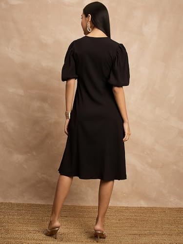 Image of Amazon Brand - INKAST Women A-Line Midi Dress | Puff Sleeves | Perfect for Casual and Semi-Formal Occasions