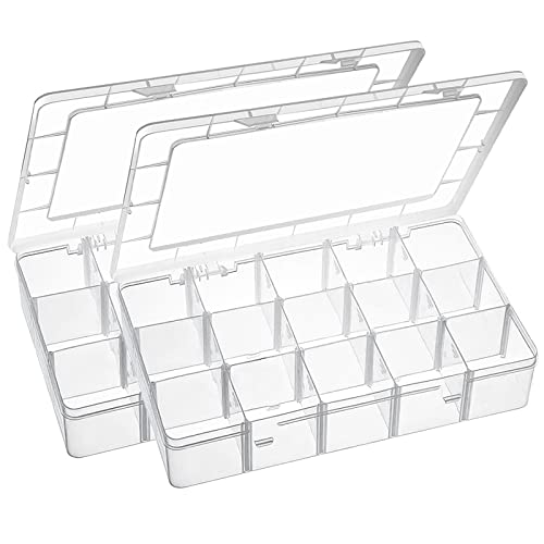 Exptolii 15 Large Grids Plastic Organizer Box with Dividers, 2 Pack Clear Compartment Container...