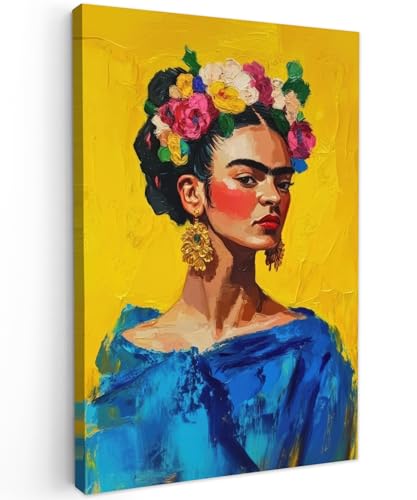 MuchoWow© Cuadros Decoracion Salon Modernos 20x30 cm Dormitorios Cuadro Decorativos de Salon Lienzos Decorativo Decoración Modernos Cabecero Cama Frida Kahlo - Mujer - Amarillo - Azul - Flores