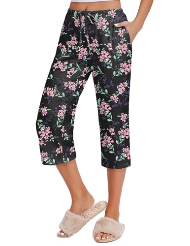 Ekouaer 2 Pack Women's Capri Pajama Pants Printed Drawstring Comfy Pj Bottoms With Pockets4