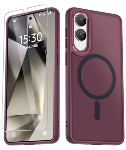 Image of YENAPOON for Samsung Galaxy S25 Edge Case, Matte Magnetic Case, Wine Red | Fit for Magsafe, Screen Protector Included, Translucent Frosted Slim Shockproof Protective Phone Cover