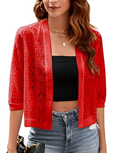 Image of FindThy Women's Casual Summer Lace Cardigan Open Front 3 /4 Sleeve Solid Lace Shrug Cover Up