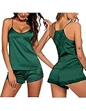 Ekouaer Silk Sleepwear for Women V Neck Sexy Lingerie Lace Satin Pajamas Cami Shorts Set Comfy Nightwear, Green Medium
