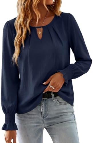 Chicrise Langarmshirt Damen Elegant Keyhole Rundhals Bluse Smokärmel Basic | Oberteile,Leichte,Business,Plissee,V-Ausschnitt,Musselin,Chiffon,Langarm,Herbst,Frühling,Casual,Lockere