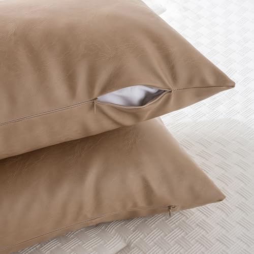 Image of Fancy Homi Tan Long Lumbar Faux Leather Body Decorative Throw Pillow Cover 14x36 Inch for Bedroom Couch Bed Bench, Thick Beige Solid Rectangular Waterproof Cushion Case, Boho Farmhouse Room Decor