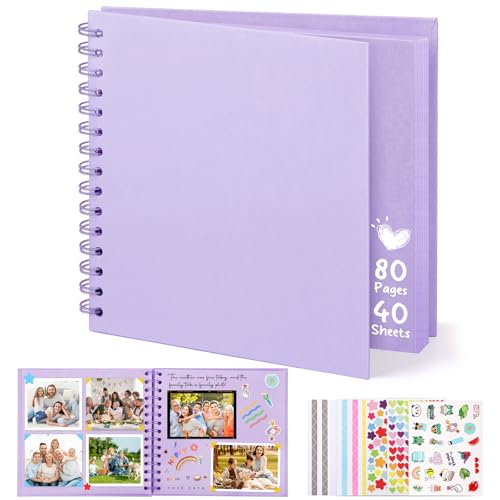 DazSpirit Album Fotos para Pegar y Escribir, 10-pulgadas Album Scrapbook de Recortes de Tapa Dura Cuadrado con 5 Pegatinas, Albunes para Fotos DIY para Bodas, Bebés y Aniversarios, 80 páginas, Morado