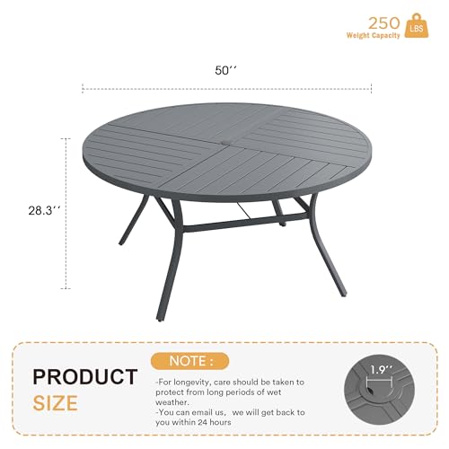 Image of VICLLAX Round Patio Table with Adjustable Umbrella Hole for 6, All Weather Metal Outdoor Dining Table for Lawn Garden, 50 inch Outdoor Coffee Table, Grey Tabletop