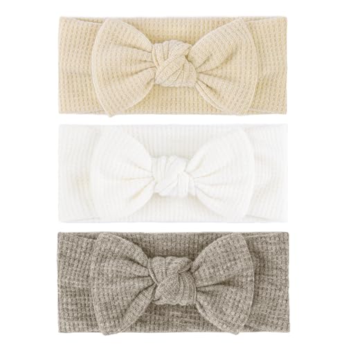 Image of ONENINEDREAM 4" Baby Girls Hairband with Bows - 3Pcs Gray White Beige (Handmade Soft Headwraps Baby Hair Accessories for Infant Toddler)
