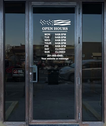 Business Hours Sign for Window Decal - Free Squeegee - Easy Install Manual - US flag - Patriotic American Flag Design, Easy Install (Portrait)