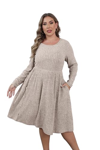 Image of Women's Plus Size Casual Sweater Dress Square Neck Long Lantern Sleeve Tie Waist Loose Pullover Sweater Dresses