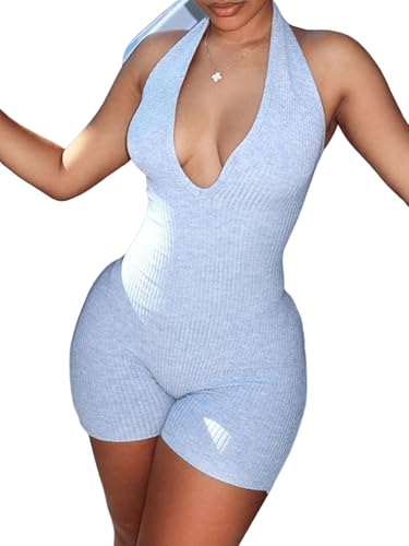 WDIRARA Women's Deep V Neck Sleeveless Halter Romper...
