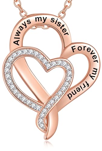 Aihitero Christmas Sister Gift, Love Heart Pendant Necklace with 'Always My Sister Forever My Friend' Message, Rose Gold Women Jewelry, Valentines Xmas Birthday Present from Bestie BFF Sibling Brother