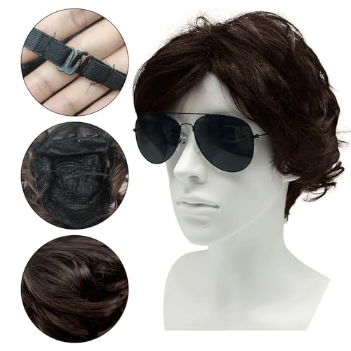 SKHAOVS 2Pcs Mens Wigs with Sunglasses 70s 80s Disco Short Curly Layered Wig Dude Wig Handsome Men's Daily Punk Rock Cosplay Carnival Halloween Character Costume (Brown-2) - Image 2