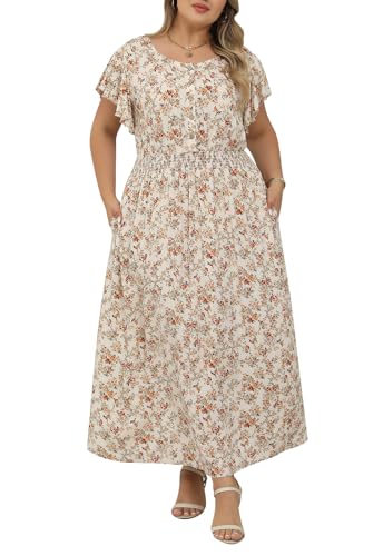 Nemidor Womens Plus Size Boho Ditsy Floral Print Casual Smocked Flared Maxi Long Dress with Pocket