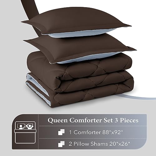 Image of downluxe Queen Comforter Set - Brown and Blue Queen Comforter, Soft Bedding Sets for All Seasons -3 Pieces - 1 Comforter (88 inchx92 inch) and 2 Pillow Shams(20 inchx26 inch)