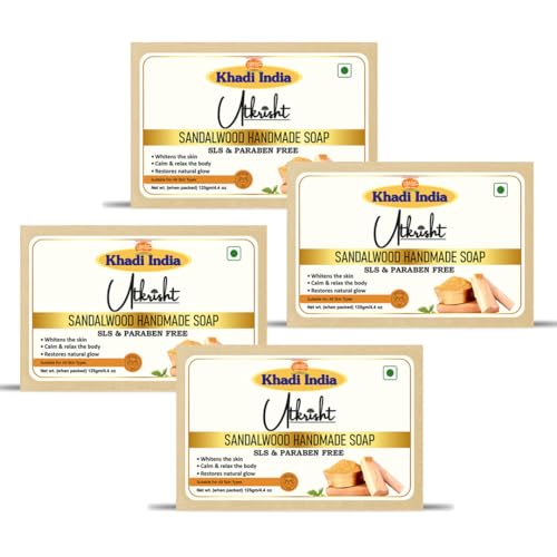 Image of Khadi Sandalwood Herbal Bath Soap | Handmade with Natural Ingredients | Nourishing, Aromatic & Skin Brightening | Paraben-Free | For Men, Women & Sensitive Skin (Pack of 4) - 125gm