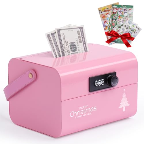Christmas Gifts for Kids Boys Girls,Portable Piggy Bank 5-12 years old Kids Safe Bank with Code,Small Cash Box with Combination Lock,Metal Money Box for Cash Saving,Pink