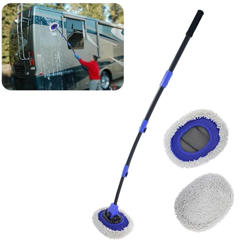 Upgrade Car Wash Brush with Long Handle, EAFC Microfiber Car Wash Mop with 2 Replaceable Chenille Brush Head, Soft Cleaning Brush 15° Curved Extension Pole Car Wash Kit for RV Truck Camper, Blue