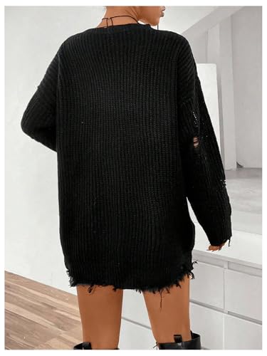 SHENHE Women's Sweater Top Ripped Drop Shoulder Round Neck Long Sleeve Loose Casual Sweater Pullovers2