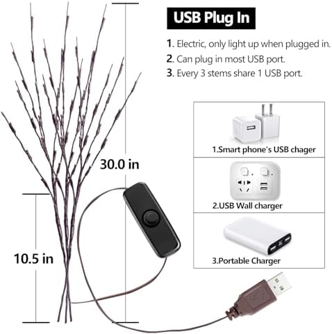 KXCOFTXI 3 Pack Twig Lights, Prelit Branches, USB Plug in Branches Lights with 60 LED Bulbs, Romantic Decorative Iights for Vase, Lighted Tree Branches for Indoor, Plug in Lighted Branches for Party