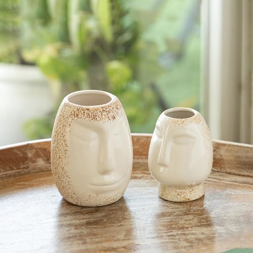 Image of ExclusiveLane 'Round Faces' Decorative Ceramic Flower Vase for Living Room Ceramic Vase for Home Decor Side Table Show Case Flower Vases Showpiece Gifts (Set of 2, 13.0 Cm, Handglazed Studio Pottery)